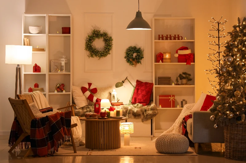Blog 5 Interior of a dark living room with Christmas tree and sofa